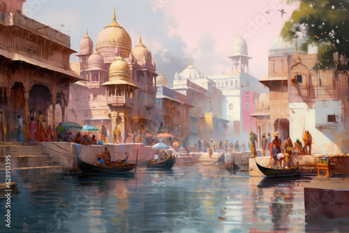 oil painting on canvas, Ancient Varanasi city architecture at sunset with view of sadhu baba enjoying a boat ride on river Ganges. (ai generated)