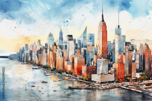 oil painting on canvas, Manhattan skyline panorama at sunrise , New York City, USA. (ai generated)