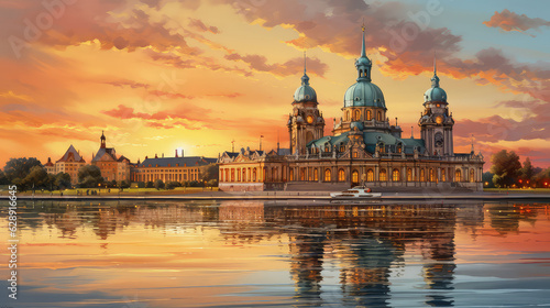 oil painting on canvas, New Palace (Neues Palais) facade in Potsdam at sunset. Germany. (ai generated)