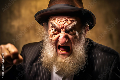 Dramatic portrait featuring an elderly rabbi with intense expression of anger and aggression, captivating authenticity. Generative AI