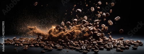 Roasted coffee beans fall on a pile of beans.