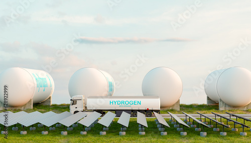 Hydrogen fuel transportation and storage, green power and zero emissions energy, 3d illustrations rendering