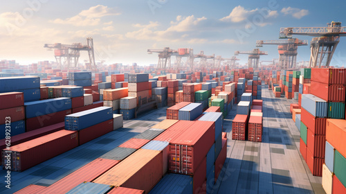 Design a massive cargo shipping container yard with rows upon rows of stacked containers, demonstrating the scale and efficiency of a global cargo network." Generative AI