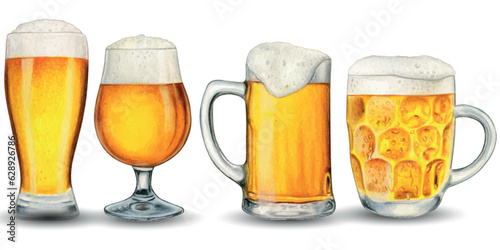 Watercolor hand drawn realistic glasses of beer