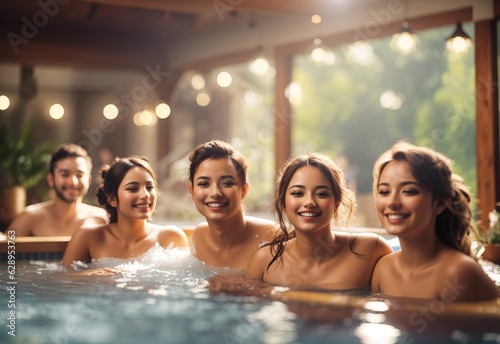 Group of happy friends in spa