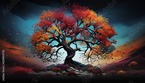 Farbiger Baum vor schwarzem Hintergrund, 2, Ai generiert