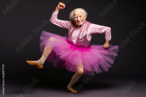 Captivating octogenarian bodybuilder, flexing muscles in tutu and ballet slippers. Embodies ageless vigor, delightful femininity, and the whimsicality of senior men. Generative AI