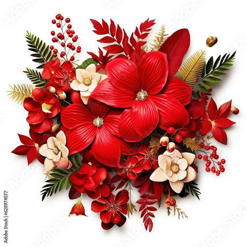 Holiday floral arrangement from red christmas flower poinsettia with red berries and mistletoe, home decoration illustration decor greeting card for Christmas and New Year Generative AI