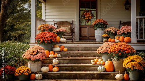 Pumpkins and Mums on Porch