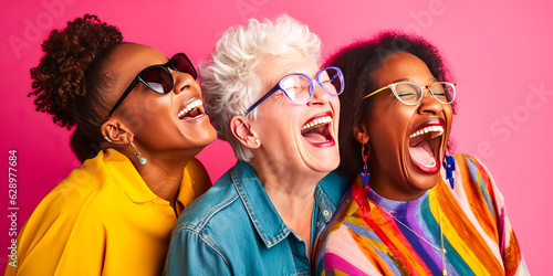 Inspirational trio of differently-abled women joyfully expressing their enthusiasm; promoting inclusivity against a vibrant rainbow backdrop. Generative AI