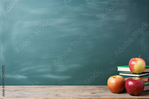 Back to School concept: school desk with books and apples and blackboard in the background