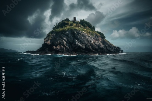 Enchanting scenery with a mysterious, shadowy island amidst the deep sea, featuring towering rocky precipices. Generative AI