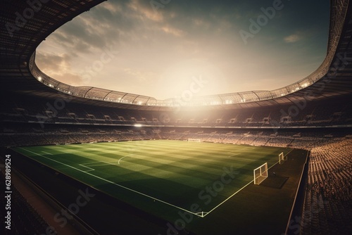 Image of a soccer stadium field with a soccer background. Generative AI