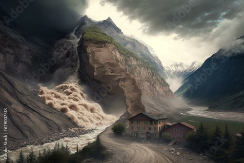 Destructive landslide from mountain. Generative AI