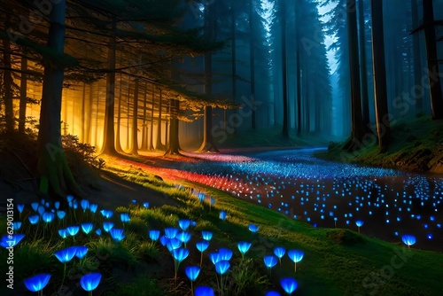 An enchanting afforest illuminated by the slowly luminescence of bioluminescent mushroom. Creative resource, AI Generated