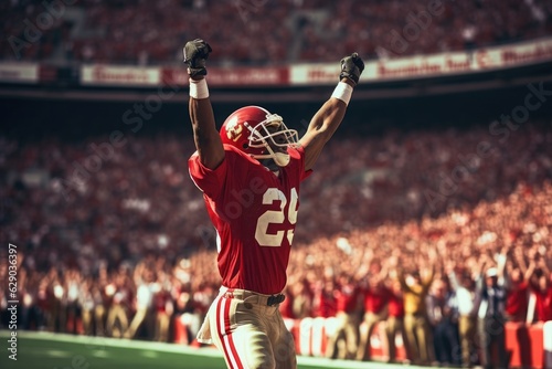 American Football Player Scores a Touchdown.American football player celebrates scoring a touchdown in front of a roaring stadium crowd