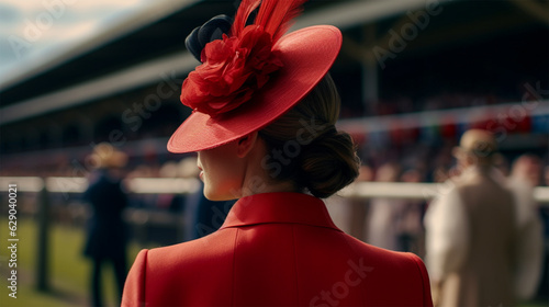 young woman in a beautiful elegant red hat on the hippodrome before the races. hat parade at the races 