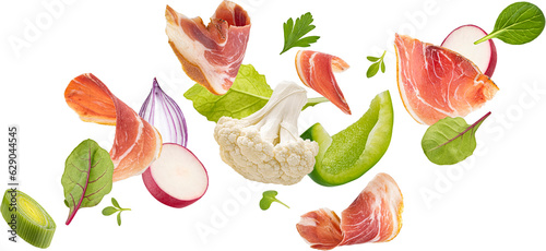 Salad with smoked bacon, falling ingredients, pork brisket, lettuce, tomato slices, herbs and vegetables isolated on white background, food banner with copy space