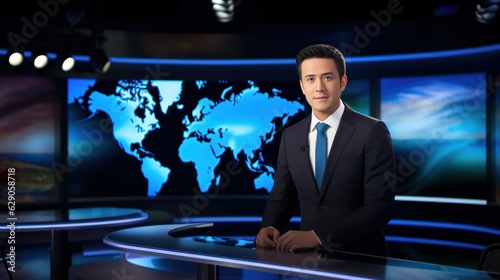 a photo of a tv news presenter on a popular channel. live stream broadcast on television. handsome white american british guy in a suit. weather forecast in studio. world map background. Generative AI