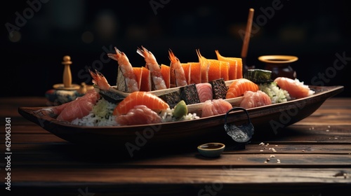 Gourmet sushi platter, with a variety of nigiri and sashimi, served on a wooden boat. Generative AI