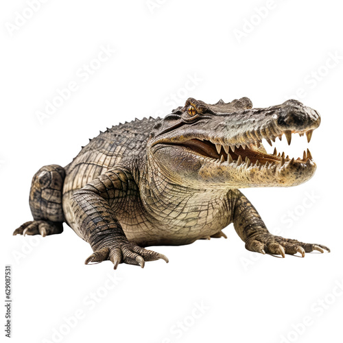 A alligator with its jaws open, sharp teeth. isolated on white. Transparent PNG. Generative AI