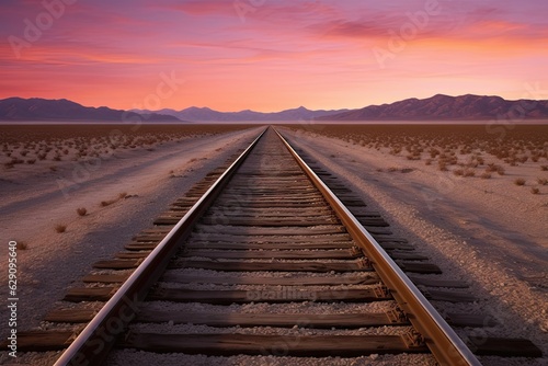 Travel concept. Railroad track with beautiful desert landscape. Mountain view at classic sunset background. Transportation and sky