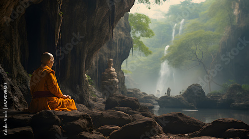 A monk sitting on a rock in front of a cave, thailand Generative AI