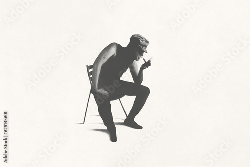 Illustration on old captain resting sitting on a chair smoking pipe, minimal black and white concept