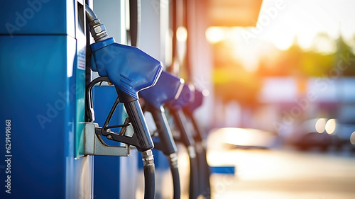 oil pump and nozzles at the gas station on the street in daylight