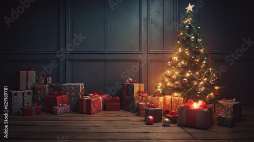 arbol de navidad con luces y decoracion, cajas de regalos con lazos sobre fondo de pared de madera oscura y suelo de madera. ilustracion de ia generativa