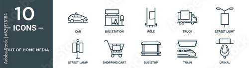 out of home media outline icon set includes thin line car, bus station, pole, truck, street light, street lamp, shopping cart icons for report, presentation, diagram, web design
