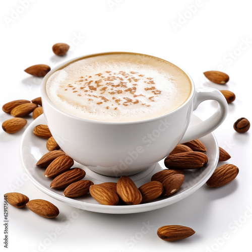 Almond spiced latte in an almond-shaped cup isolated on white background 