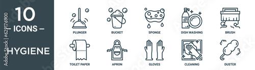 hygiene outline icon set includes thin line plunger, bucket, sponge, dish washing, brush, toilet paper, apron icons for report, presentation, diagram, web design