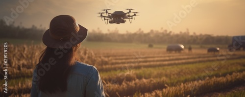 Young modern lady pilot in with remote controller. Farm Agriculture and machine learning concept.