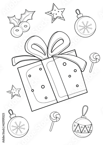 Christmas Present Box Cartoon Coloring Pages A4 for Kids and Adult