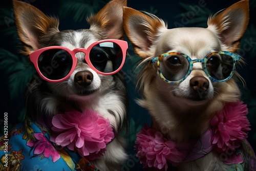 Photo of two stylish dogs rocking sunglasses and flower accessories created with Generative AI technology