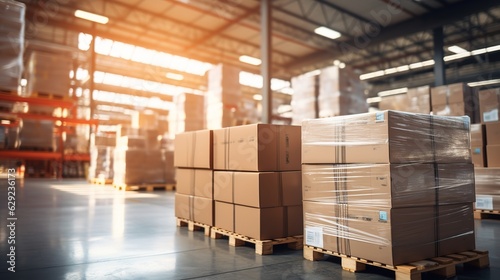 Retail warehouse full of shelves with goods in cartons, with pallets and forklifts. Logistics and transportation blurred background. Product distribution center. Generative ai