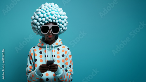 Afroamerikanisches Model lustig im Mint Pastell Stil und Punkten im Freizeitlook, ai generativ