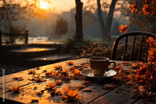 Empty table with coffee cup in golden fall park. Generative AI