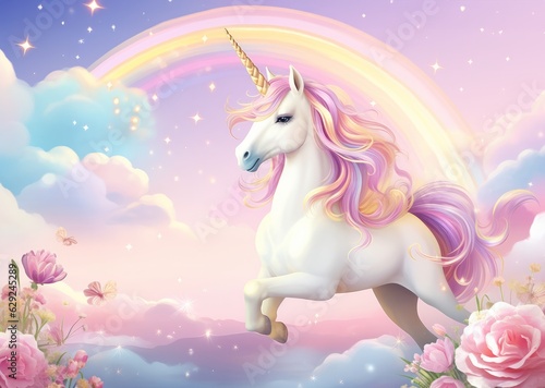 Illustration of a colorful painting of a majestic unicorn against a vibrant rainbow backdrop created with Generative AI technology