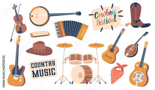 Country Music Instruments. Guitar, Banjo, Fiddle, And Harmonica. Guitar, Drum Kit Or Accordion Vector Illustration