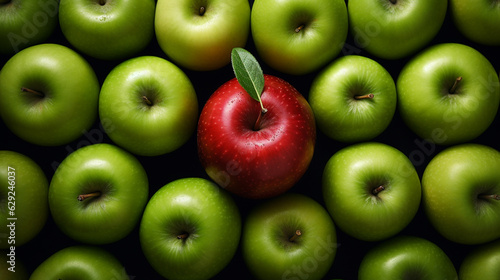 Amidst green apples, the red one exemplifies the business concept of standing out for selection, symbolizing uniqueness and desirability