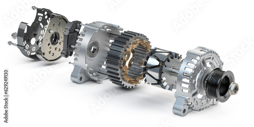 Structire and scheme of car alternator, generator isolated on white. Structire and scheme.