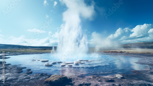 Illustraton of a geyser and lake. Created with Generative AI