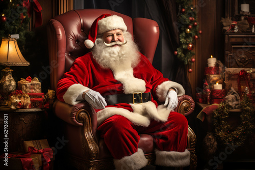 traditional Santa Claus sitting in his arm chair in a Christmas decorated living room