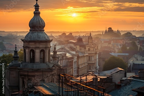 Sunrise Over Lviv Cityscape: Stunning View of Old Towers and Top Landmarks in Ukraine, Europe. Generative AI