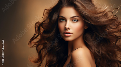 Portrait of a beautiful brunette woman with long wavy hair. Copy space banner