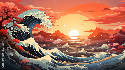 The great wave off kanagawa painting reproduction illustration. Old Japanese artwork with big wave and mountain Fuji on the background