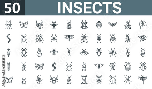 set of 50 outline web insects icons such as bug, butterfly, scorpion, bug, termite, tarantula, louse vector thin icons for report, presentation, diagram, web design, mobile app.