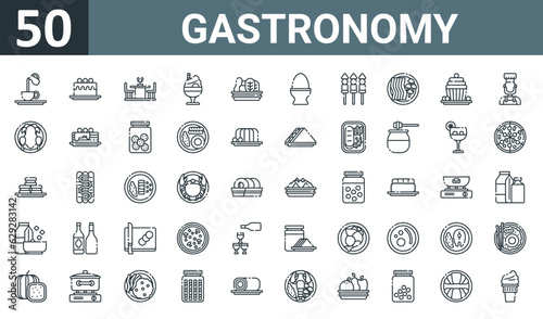 set of 50 outline web gastronomy icons such as latte, cake, dinning table, sundae, vegetables, egg, skewer vector thin icons for report, presentation, diagram, web design, mobile app.